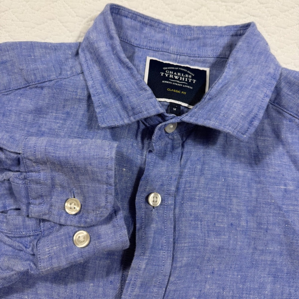 Charles Tyrwhitt Shirt Mens M Blue 100% Linen Classic Fit Button Down LS EUC